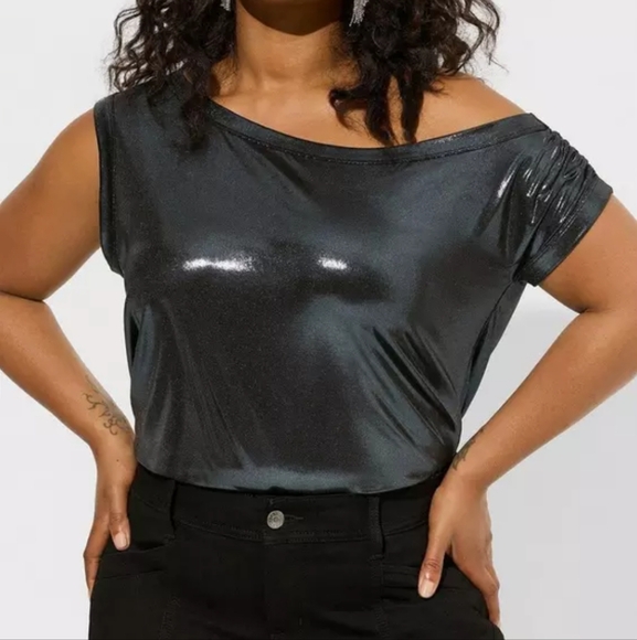 torrid Tops - Torrid Liquid Knit Shimmering Black Off-Shoulder Top